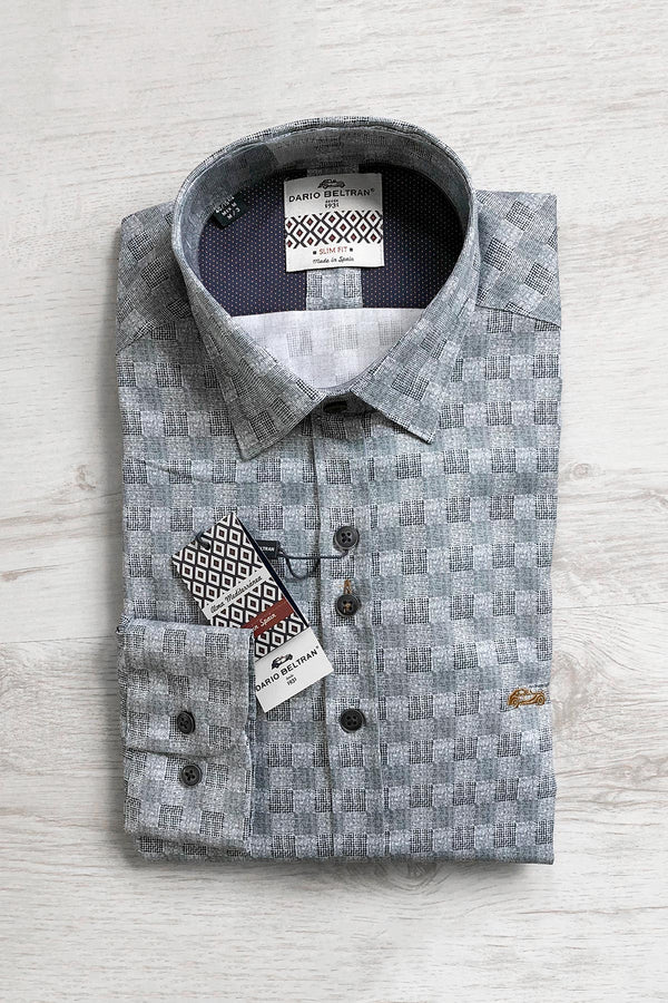 Dario Beltran Square Weave Print Long Sleeve Cotton Shirt In Light Grey