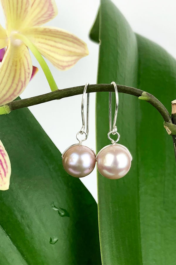 Pink Natural Pearl Drop Hook Handmade Sterling Silver Earrings, June