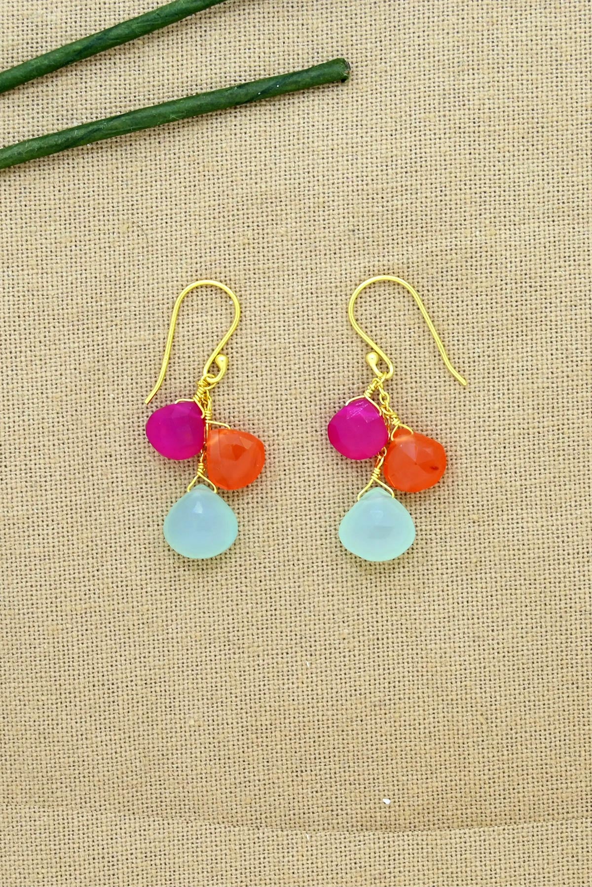 Schmuckoo Pink Fuchsia Onyx, Orange Carnelian & Aqua Chalcedony Droplet Hook Earrings