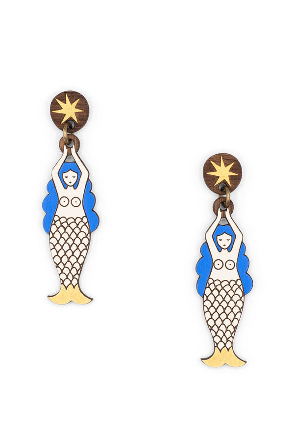 Materia Rica Blue Mermaid Stud Wooden Earrings