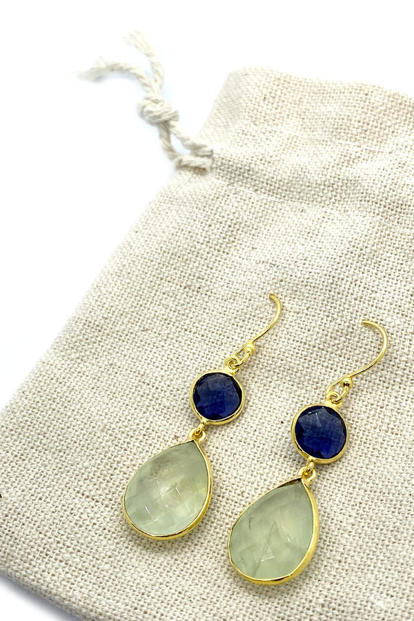 Schmuckoo Prehnite & Blue Iolite Double Drop Hook Statement Earrings