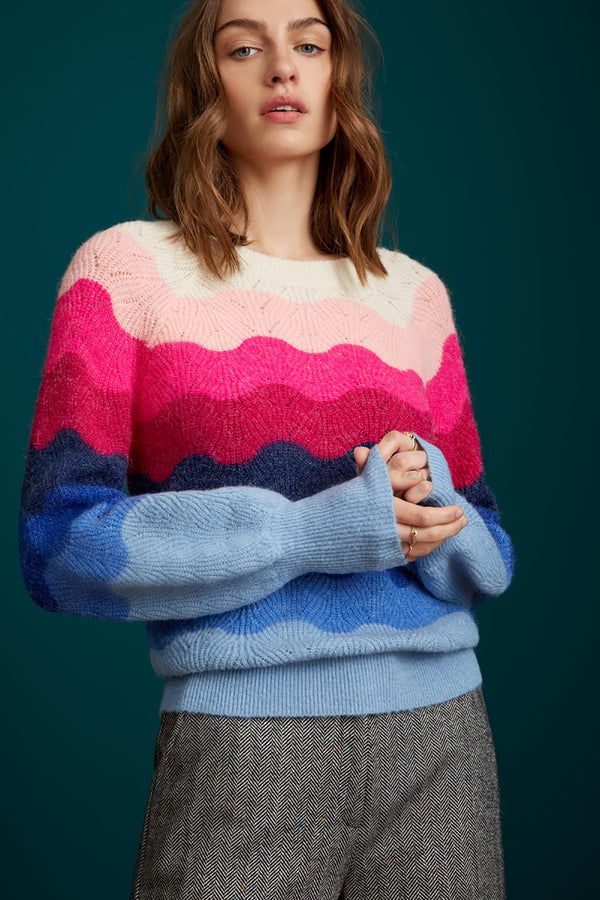 Round Neck Knitted Sweater With Long balloon sleeves | Neon Pink