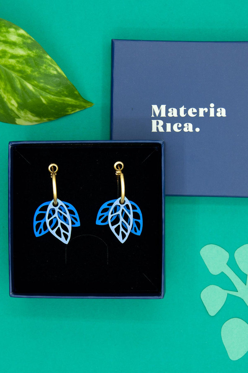Materia Rica Rustling Leaves Drop Hoop Wooden Earrings In Blue