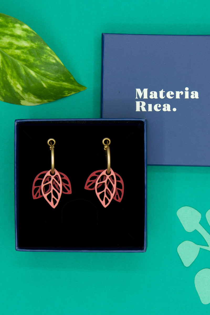 Materia Rica Rustling Leaves Drop Hoop Wooden Earrings In Red