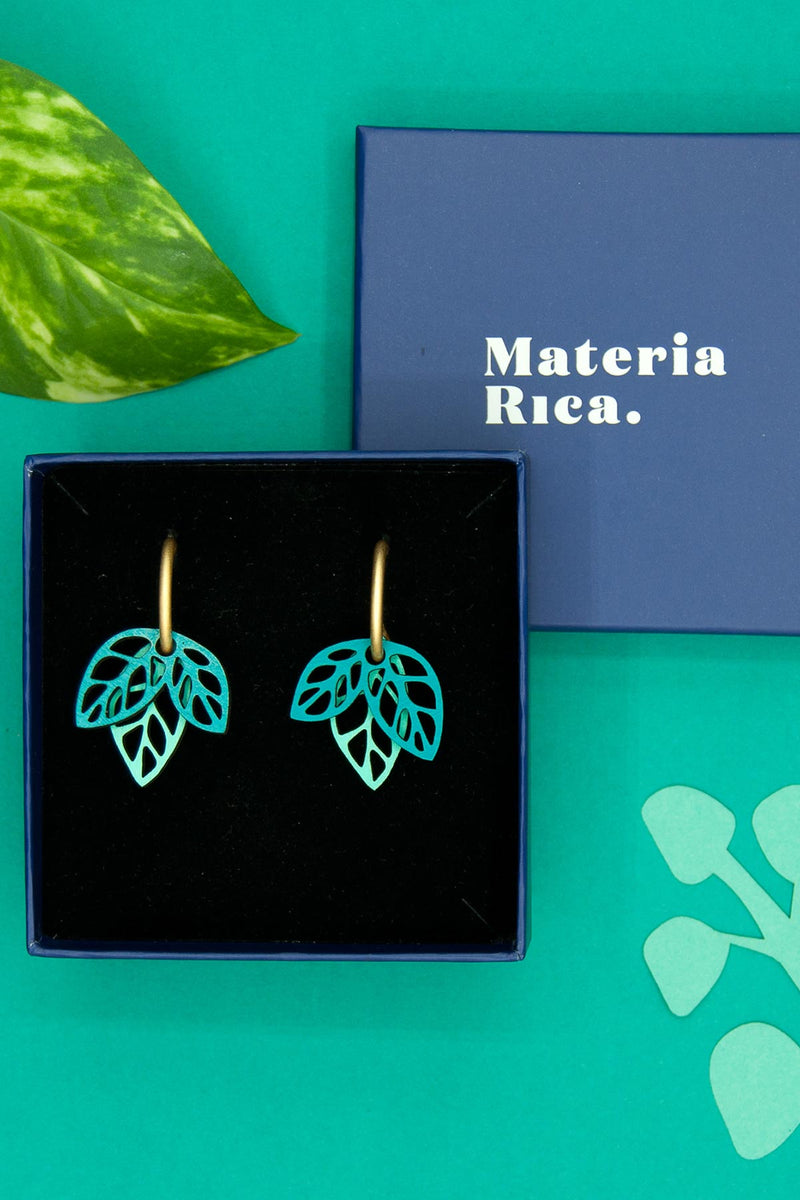 Materia Rica Rustling Leaves Drop Hoop Wooden Earrings In Green