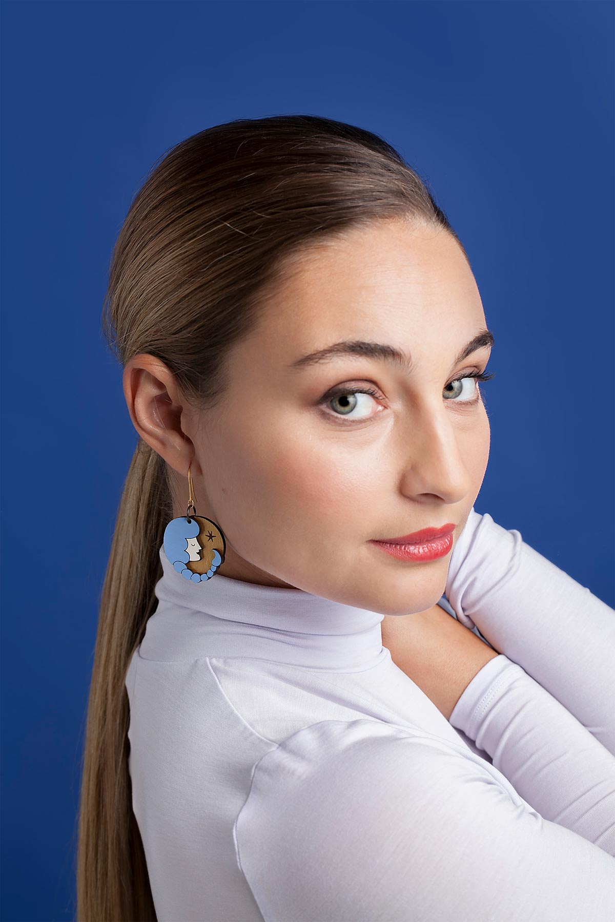 Blue Zodiac Scorpio Drop Hook Wooden Earrings Materia Rica