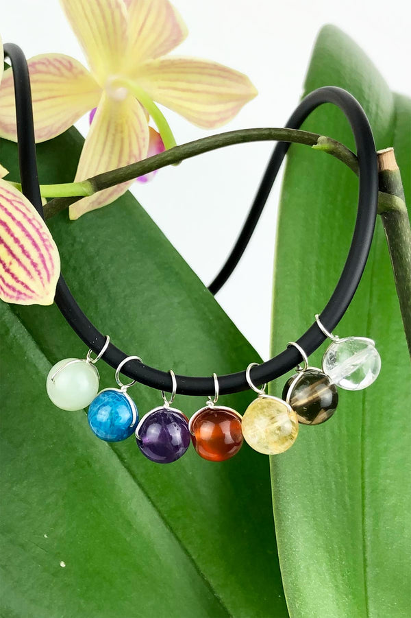 Seven Chakra Gemstone Charms Handmade Necklace Rubber Sterling Silver 