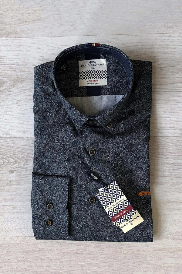 Dario Beltran Monochrome Paisley Long Sleeve Cotton Shirt In Dark Grey