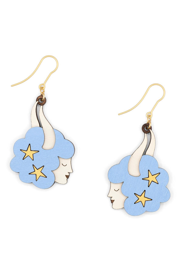 Blue Zodiac Taurus Drop Hook Wooden Earrings Materia Rica