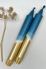 The Singing Rabbit Teal Blue + Gold Hand Dip Dyed Dinner Candles