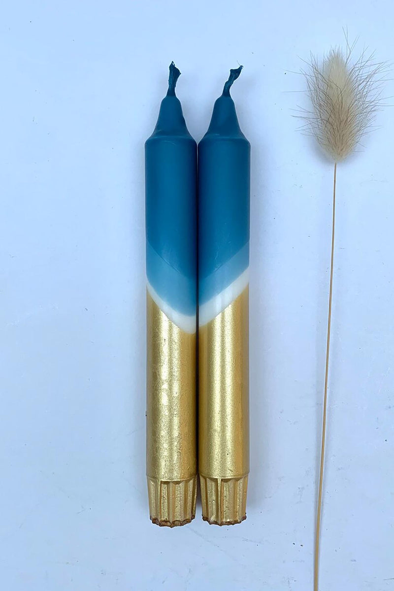 The Singing Rabbit Teal Blue + Gold Hand Dip Dyed Dinner Candles