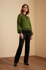 V Neck Long Sleeve Organic Cotton Green Top | Occasion Party Tops