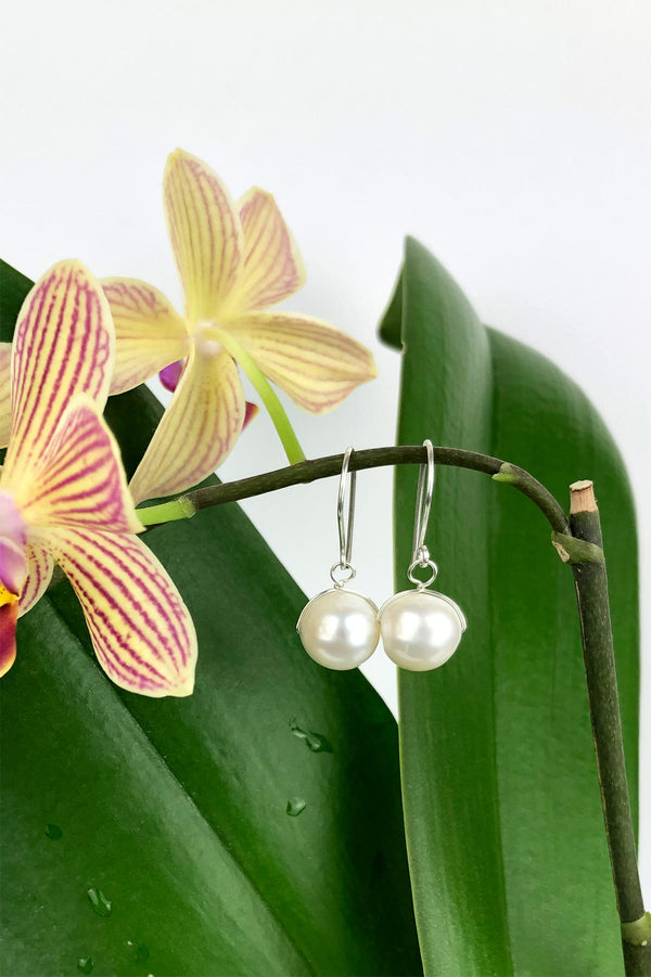 White Natural Pearl Drop Hook Handmade Sterling Silver Earrings June