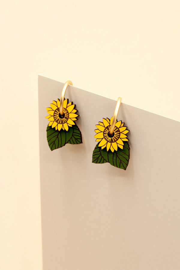 Materia Rica Drop Hoop Wooden Earrings Hand-Painted Sunflower Field