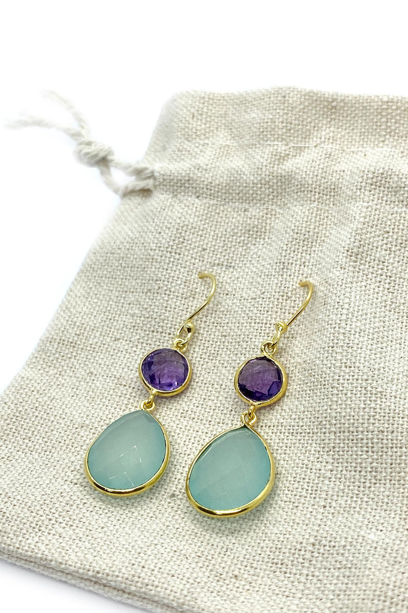 Schmuckoo Purple Amethyst & Aqua Chalcedony Double Drop Hook Earrings