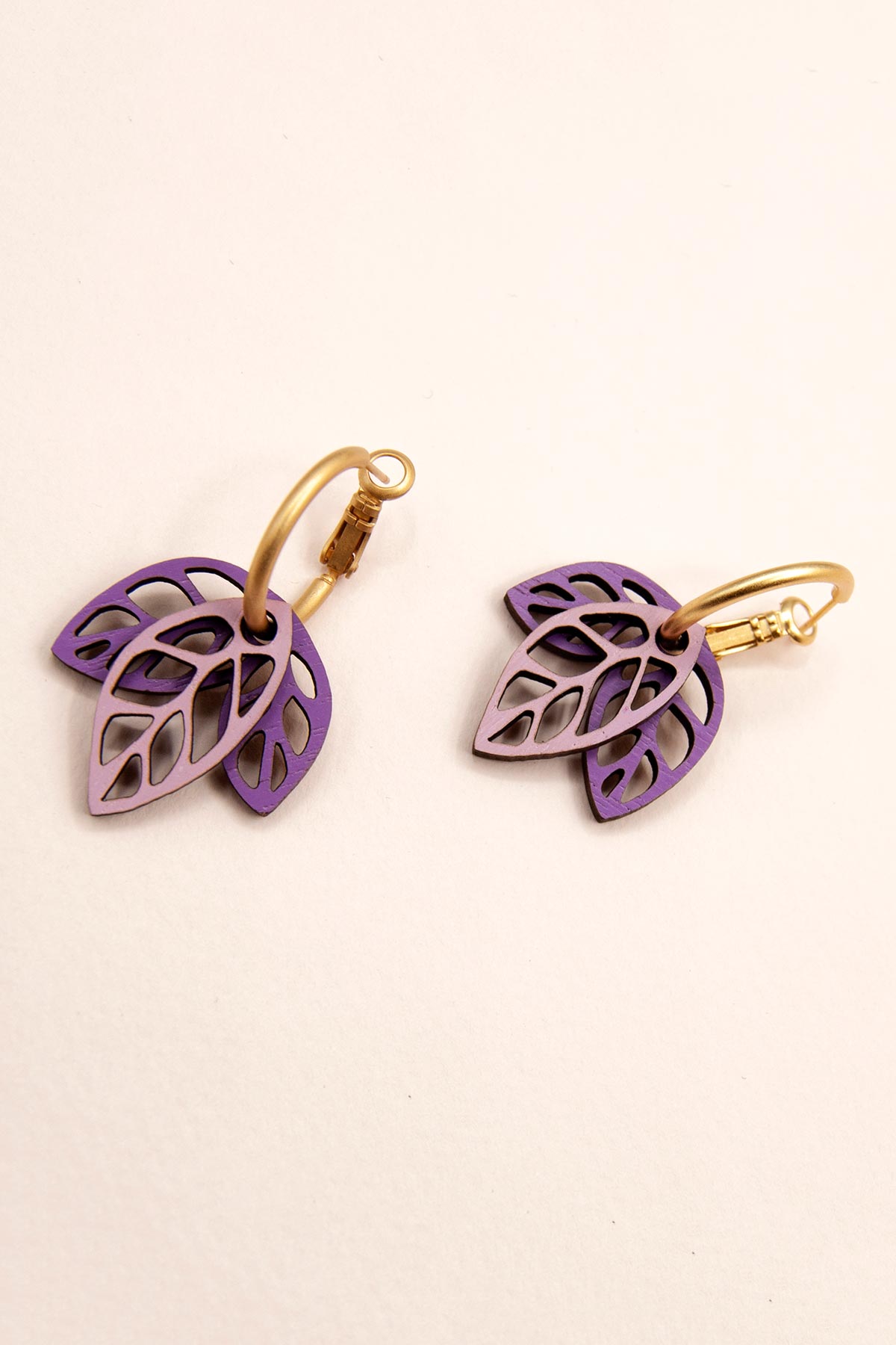 Materia Rica Rustling Leaves Drop Hoop Wooden Earrings In Violet