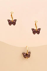 Materia Rica Drop Hoop Wooden Earrings Hand-Painted Violet Butterflies